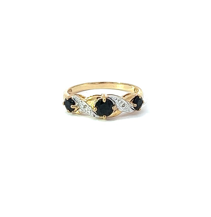 9Ct Yellow Gold Diamond & Black Gemstone Ring