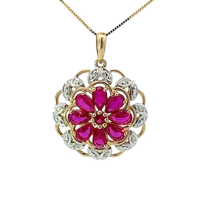 9Ct Yellow Gold Diamond & Pink Gemstone Floral Pendant