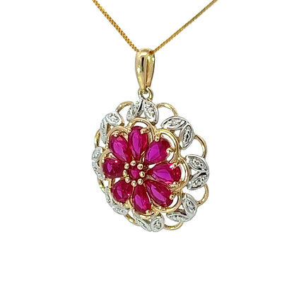 9Ct Yellow Gold Diamond & Pink Gemstone Floral Pendant