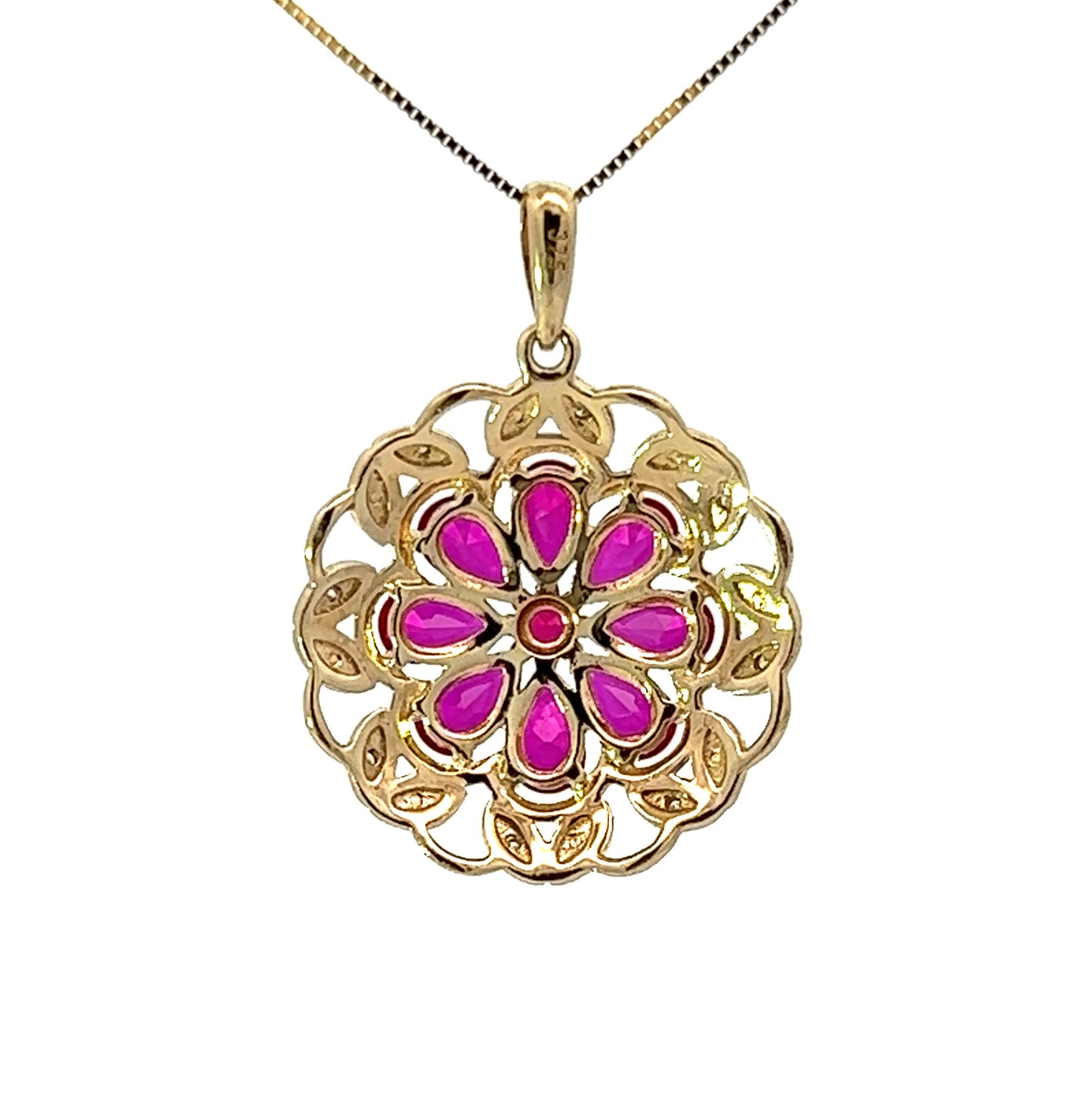 9Ct Yellow Gold Diamond & Pink Gemstone Floral Pendant