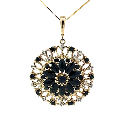 9Ct Yellow Gold Diamond & Blue Gemstone Floral Pendant