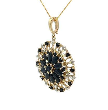 9Ct Yellow Gold Diamond & Blue Gemstone Floral Pendant