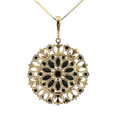 9Ct Yellow Gold Diamond & Blue Gemstone Floral Pendant