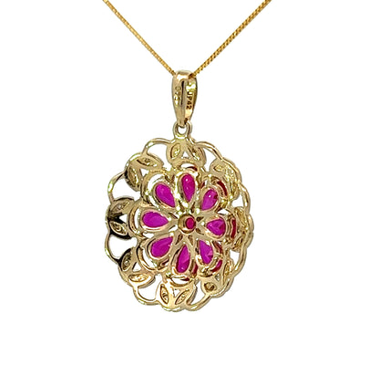 9Ct Yellow Gold Diamond & Pink Gemstone Floral Pendant