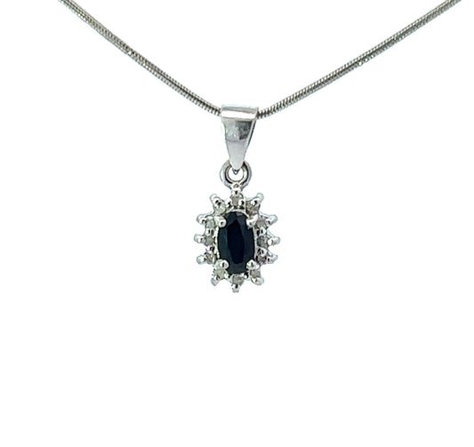 9Ct White Gold Diamond & Blue Gemstone Floral Pendant