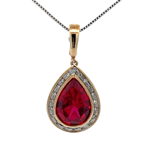 9Ct Yellow Gold Created Ruby & Diamond Pendant