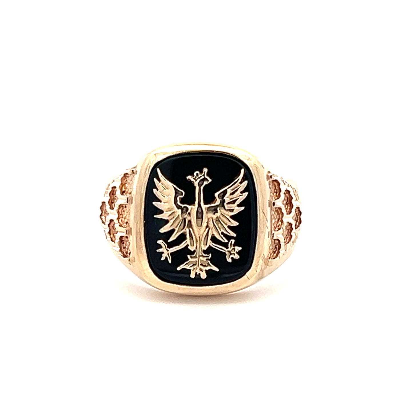 9Ct Yellow Gold Polish Eagle Crest Black Onyx Men's Signet Ring