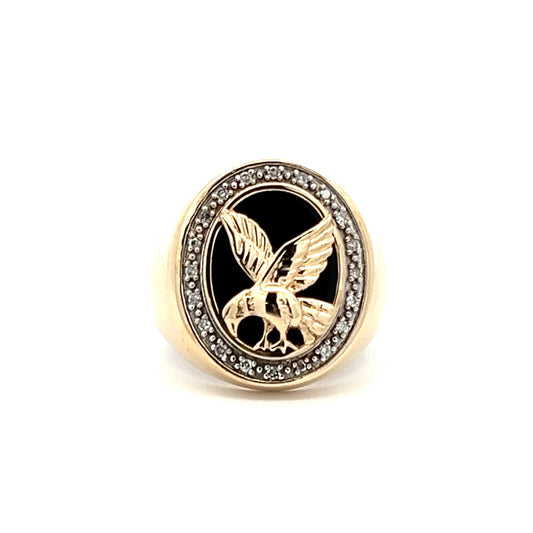 9Ct Yellow Gold Eagle 0.11 Carat TW Diamond Accent and Onyx Men's Signet Ring