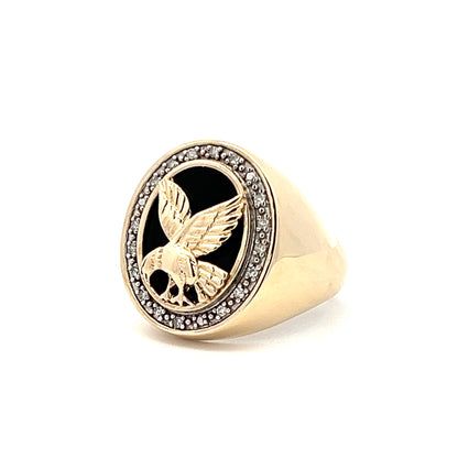 9Ct Yellow Gold Eagle 0.11 Carat TW Diamond Accent and Onyx Men's Signet Ring