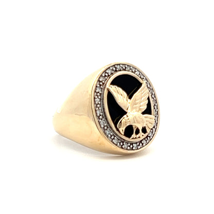 9Ct Yellow Gold Eagle 0.11 Carat TW Diamond Accent and Onyx Men's Signet Ring