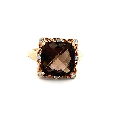 9Ct Yellow Gold Vintage Smokey Quartz & Diamond Accent Ring