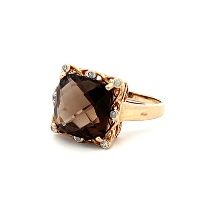 9Ct Yellow Gold Vintage Smokey Quartz & Diamond Accent Ring