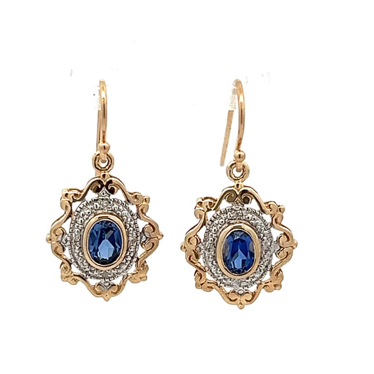 9Ct Yellow Gold Created Sapphire & Diamond Accent Hook Earrings