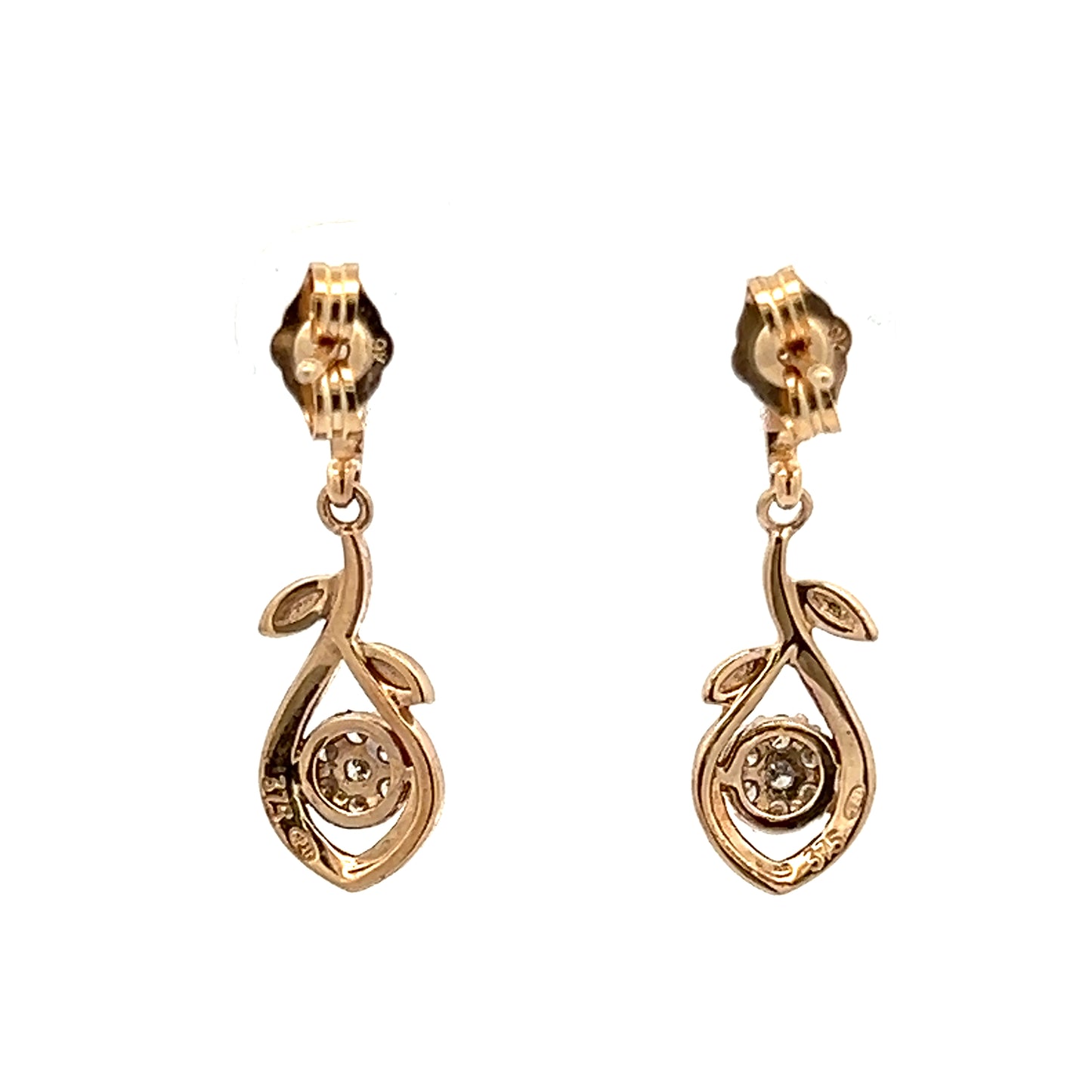 9Ct Yellow Gold Floral Diamond Dangle/Drop Earrings