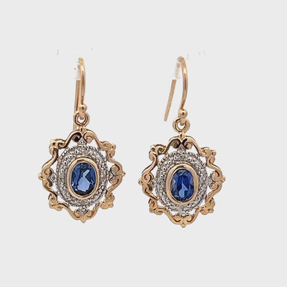 9Ct Yellow Gold Created Sapphire & Diamond Accent Hook Earrings