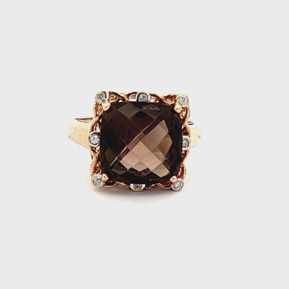 9Ct Yellow Gold Vintage Smokey Quartz & Diamond Accent Ring