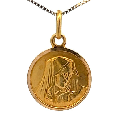 18Ct Yellow Gold Vintage Mother Mary Disc Medallion Charm Pendant