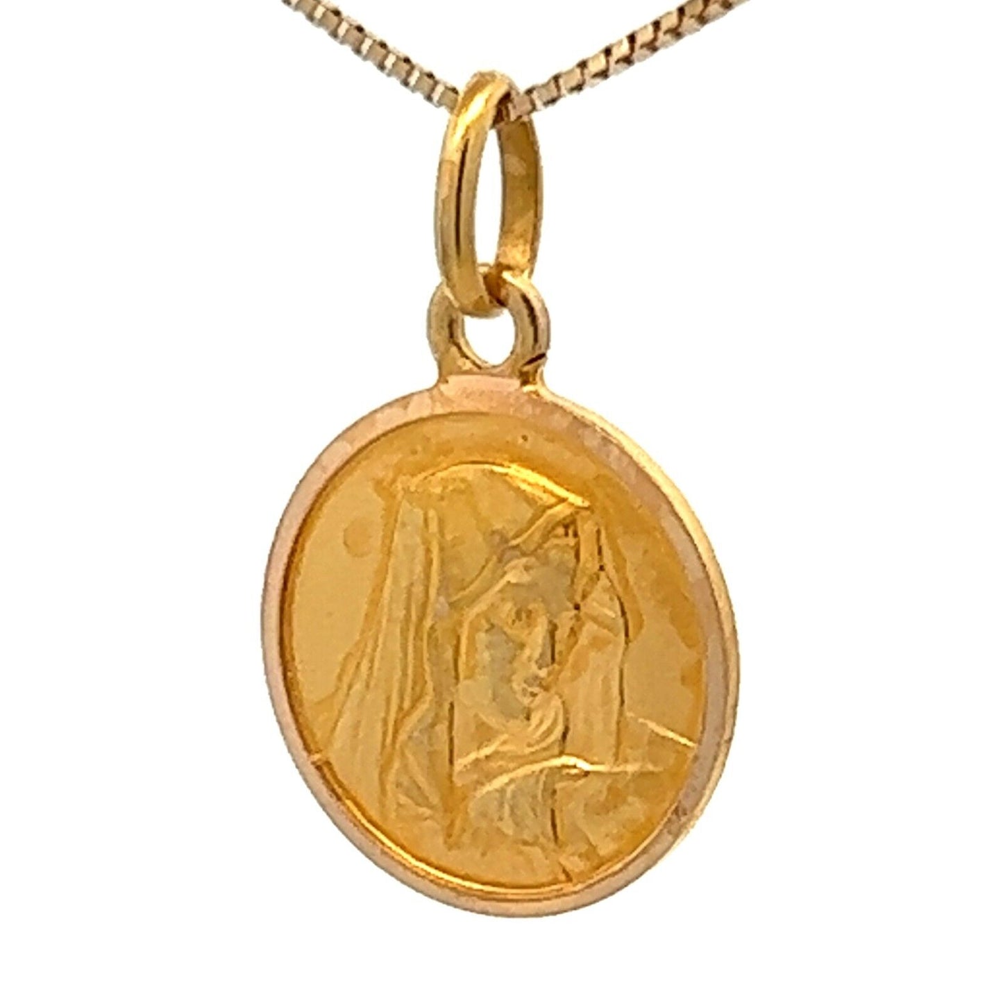 18Ct Yellow Gold Vintage Mother Mary Disc Medallion Charm Pendant