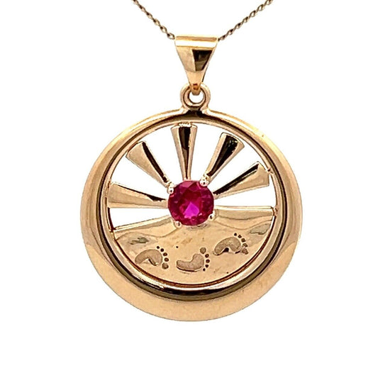 9Ct Yellow Gold Footprints With Verse Simulated Ruby Charm Pendant