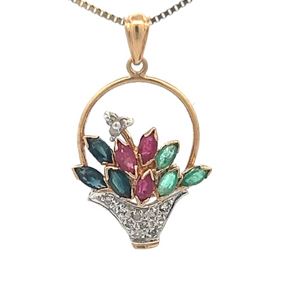 9Ct Two-Toned Gold Sapphire, Ruby, Emerald & Diamond Floral Basket Charm Pendant