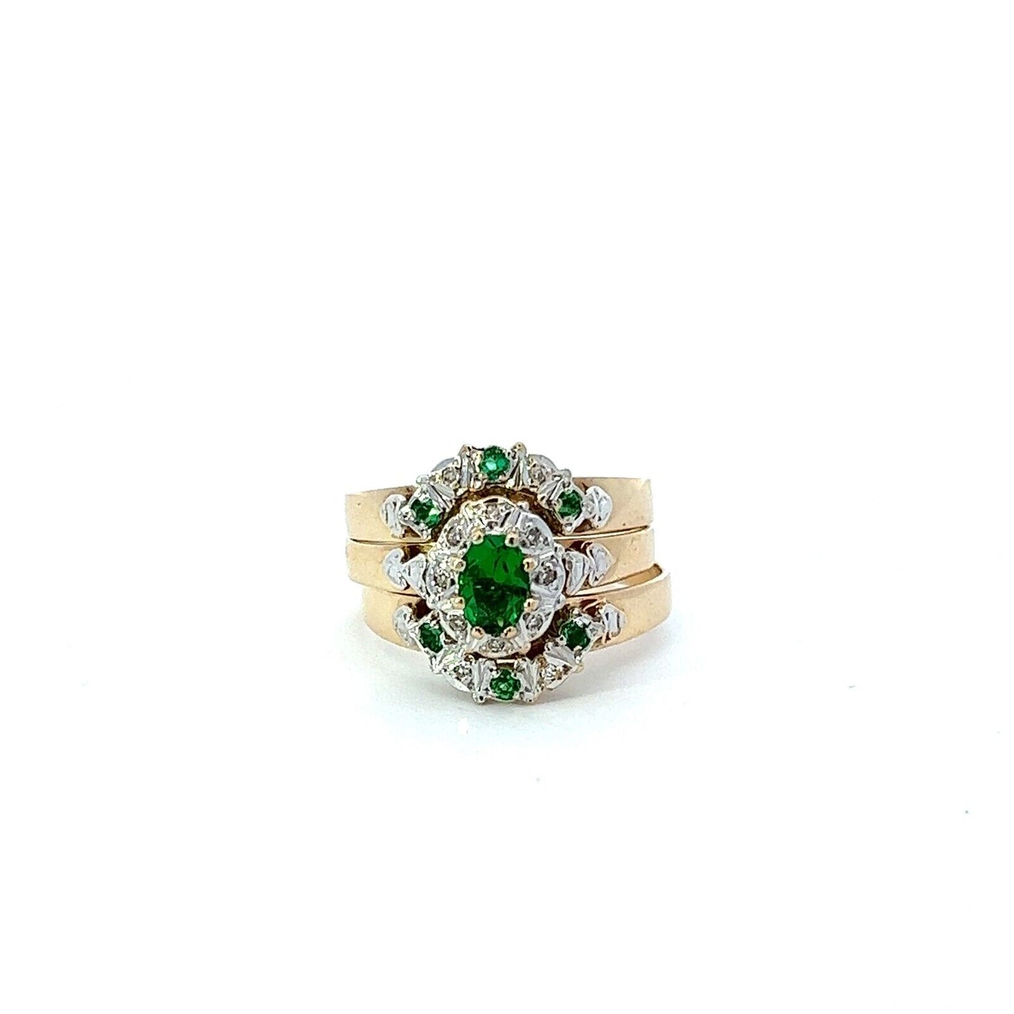 9Ct Two-Toned Gold Green Stone & Diamond Three Ring Set