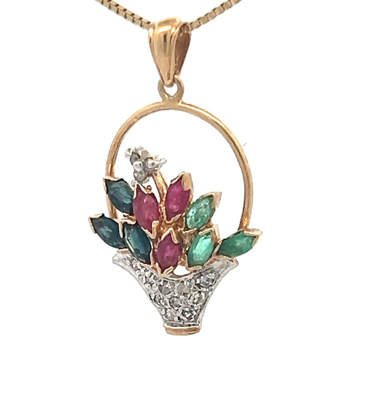 9Ct Two-Toned Gold Sapphire, Ruby, Emerald & Diamond Floral Basket Charm Pendant