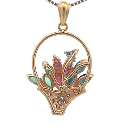 9Ct Two-Toned Gold Sapphire, Ruby, Emerald & Diamond Floral Basket Charm Pendant