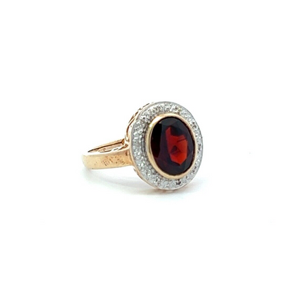 9Ct Yellow Gold Red Gemstone & Diamond Ring