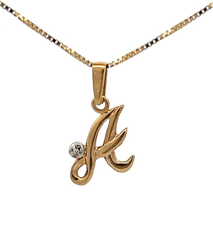 9Ct Yellow Gold Script 'A' Initial Diamond Accent Charm Pendant