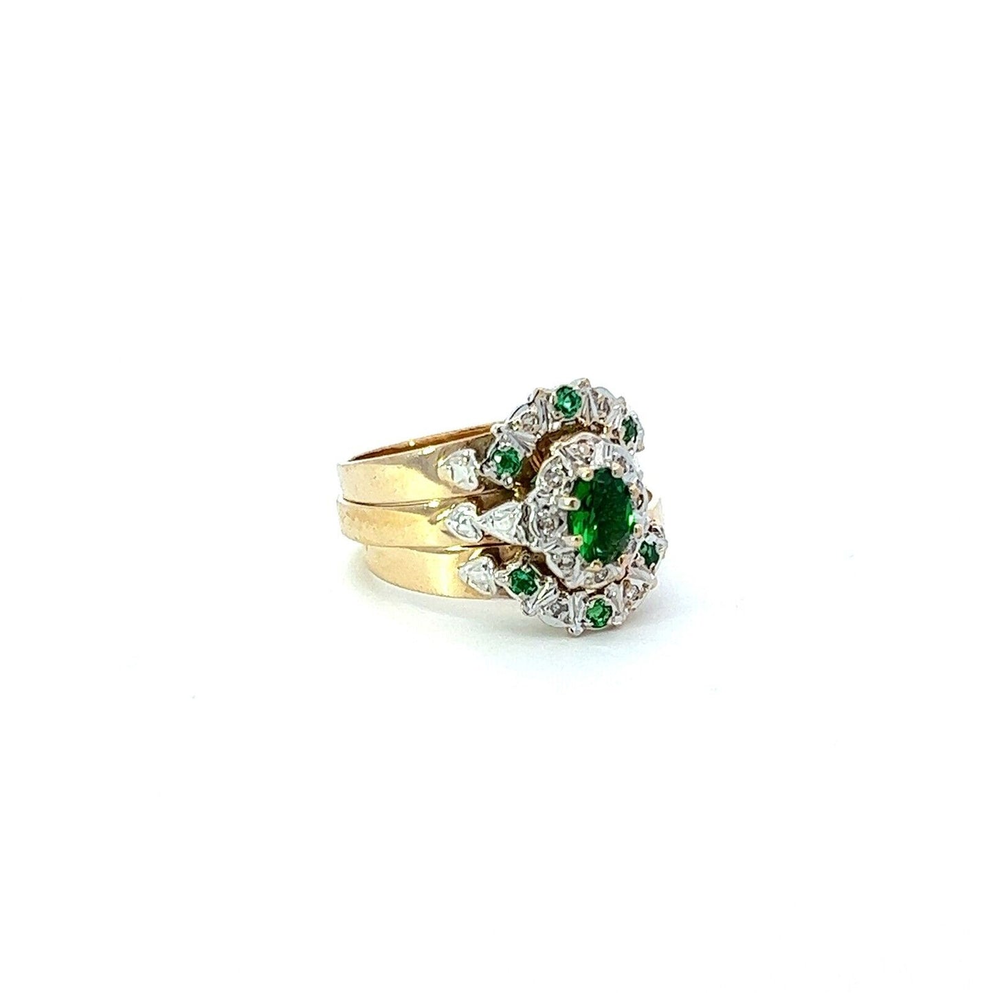 9Ct Two-Toned Gold Green Stone & Diamond Three Ring Set