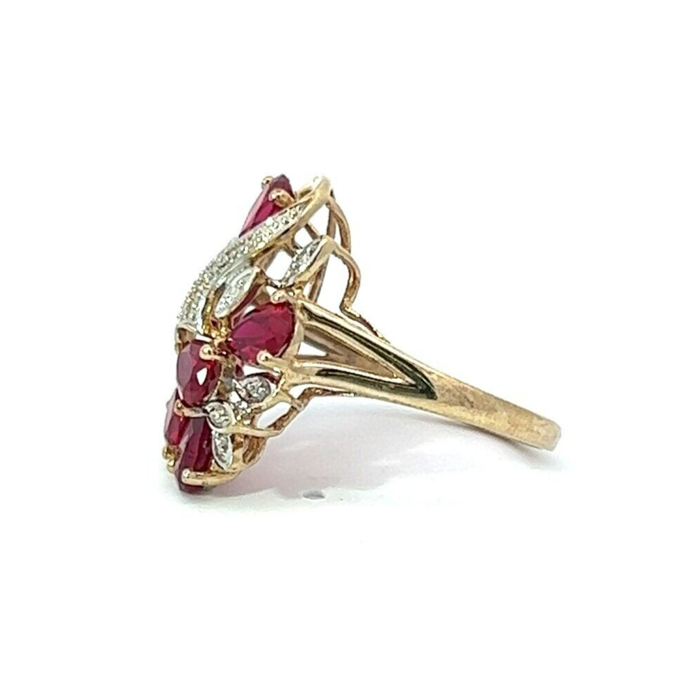 9Ct Yellow Gold Created Ruby and Diamond Cluster Ring