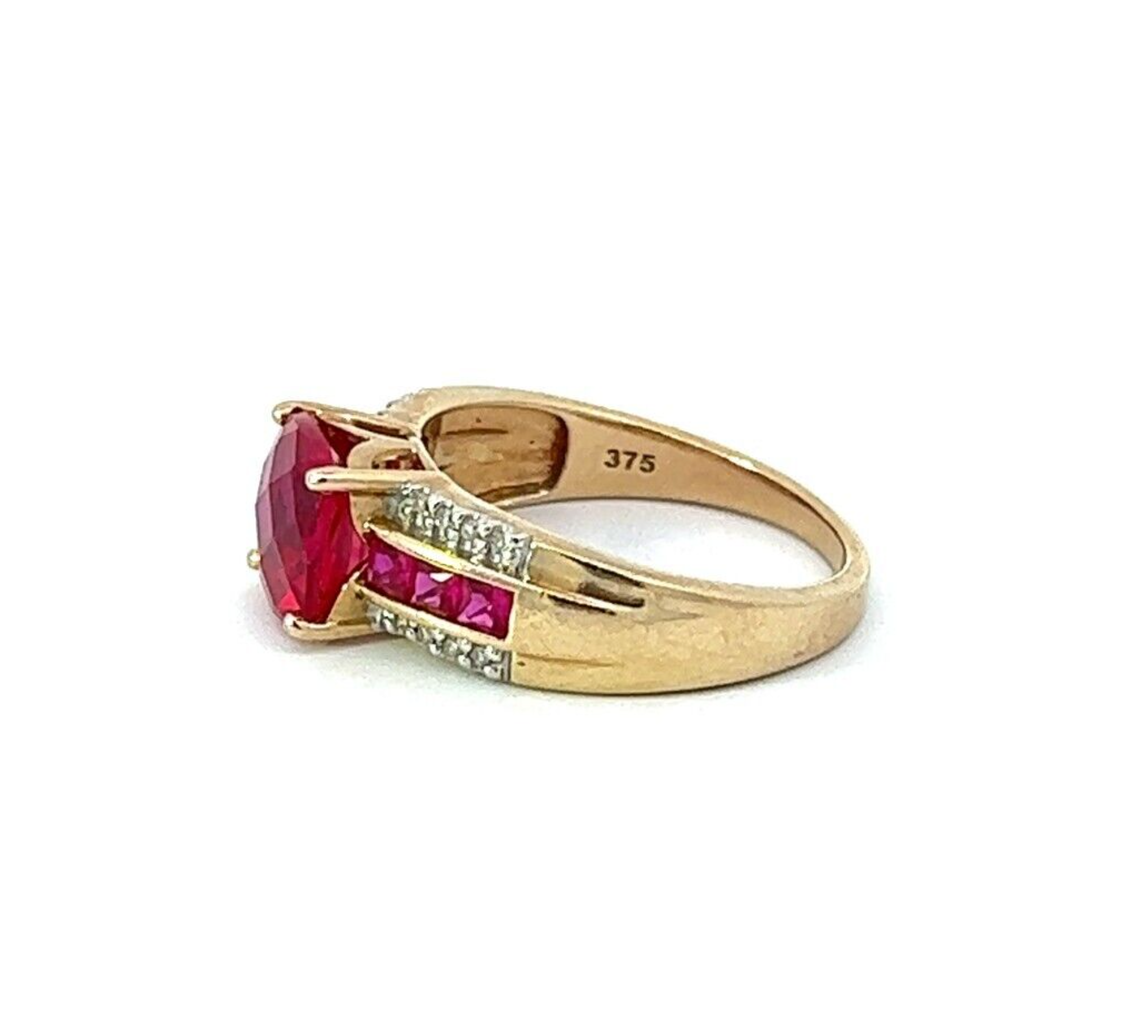 9Ct Yellow Gold Created Ruby and Diamond Ring