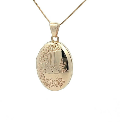 9Ct Yellow Gold Kissing Birds Filigree Oval Locket Pendant