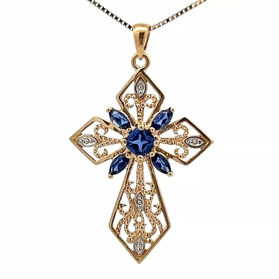 9Ct Two-Tone Gold Simulated Sapphire Filigree Celtic Cross Pendant