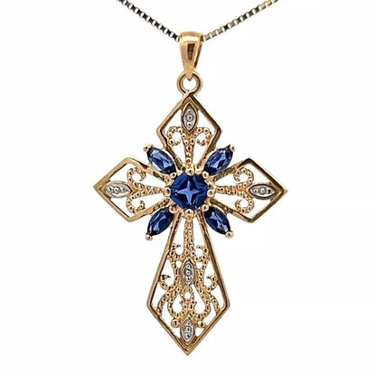 9Ct Two-Tone Gold Simulated Sapphire Filigree Celtic Cross Pendant