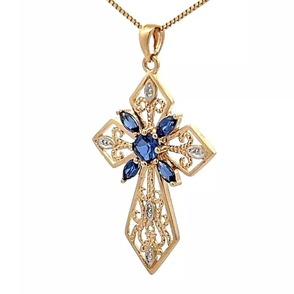 9Ct Two-Tone Gold Simulated Sapphire Filigree Celtic Cross Pendant