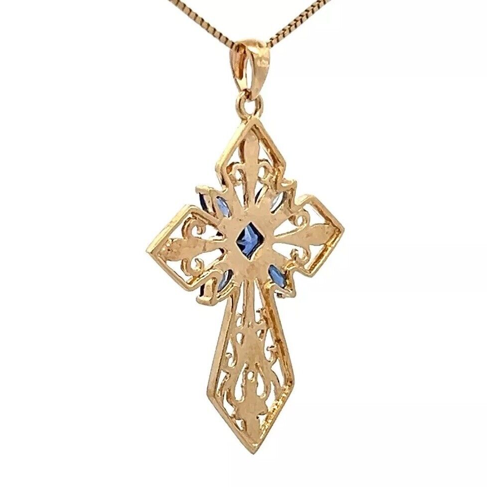 9Ct Two-Tone Gold Simulated Sapphire Filigree Celtic Cross Pendant