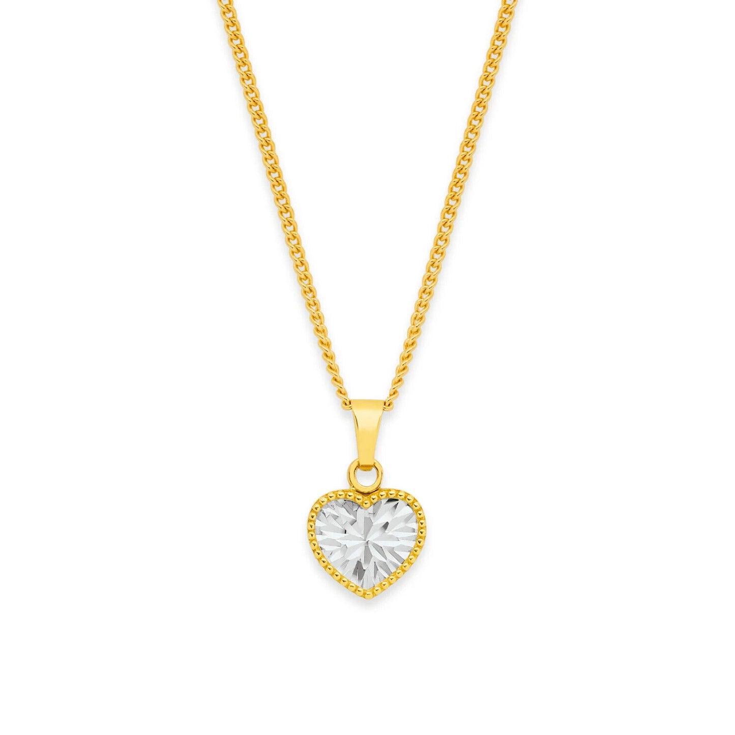 9Ct Yellow Gold Curb 35cm Trace Chain Necklace With 9Ct Two-Toned Heart Pendant