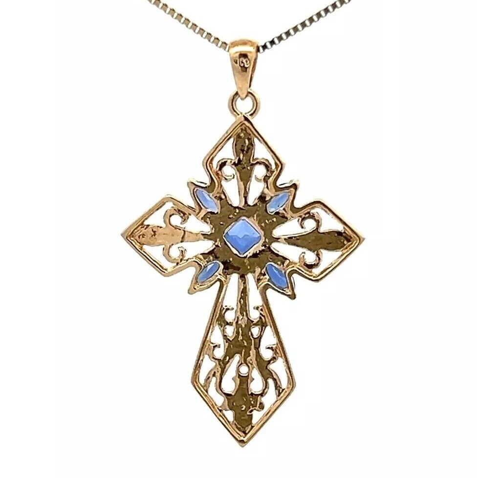 9Ct Two-Tone Gold Simulated Sapphire Filigree Celtic Cross Pendant