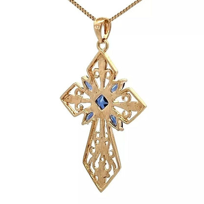 9Ct Two-Tone Gold Simulated Sapphire Filigree Celtic Cross Pendant