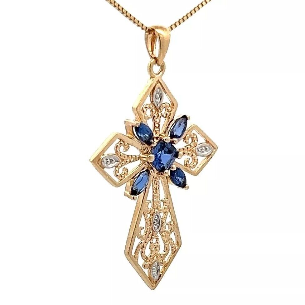 9Ct Two-Tone Gold Simulated Sapphire Filigree Celtic Cross Pendant