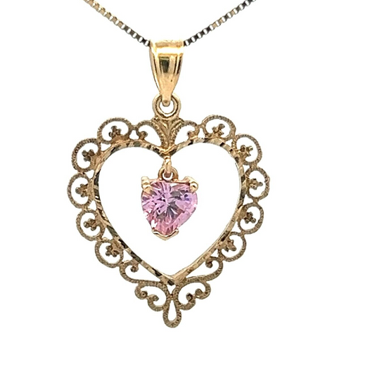 9Ct Yellow Gold Pink CZ Filigree Heart Pendant