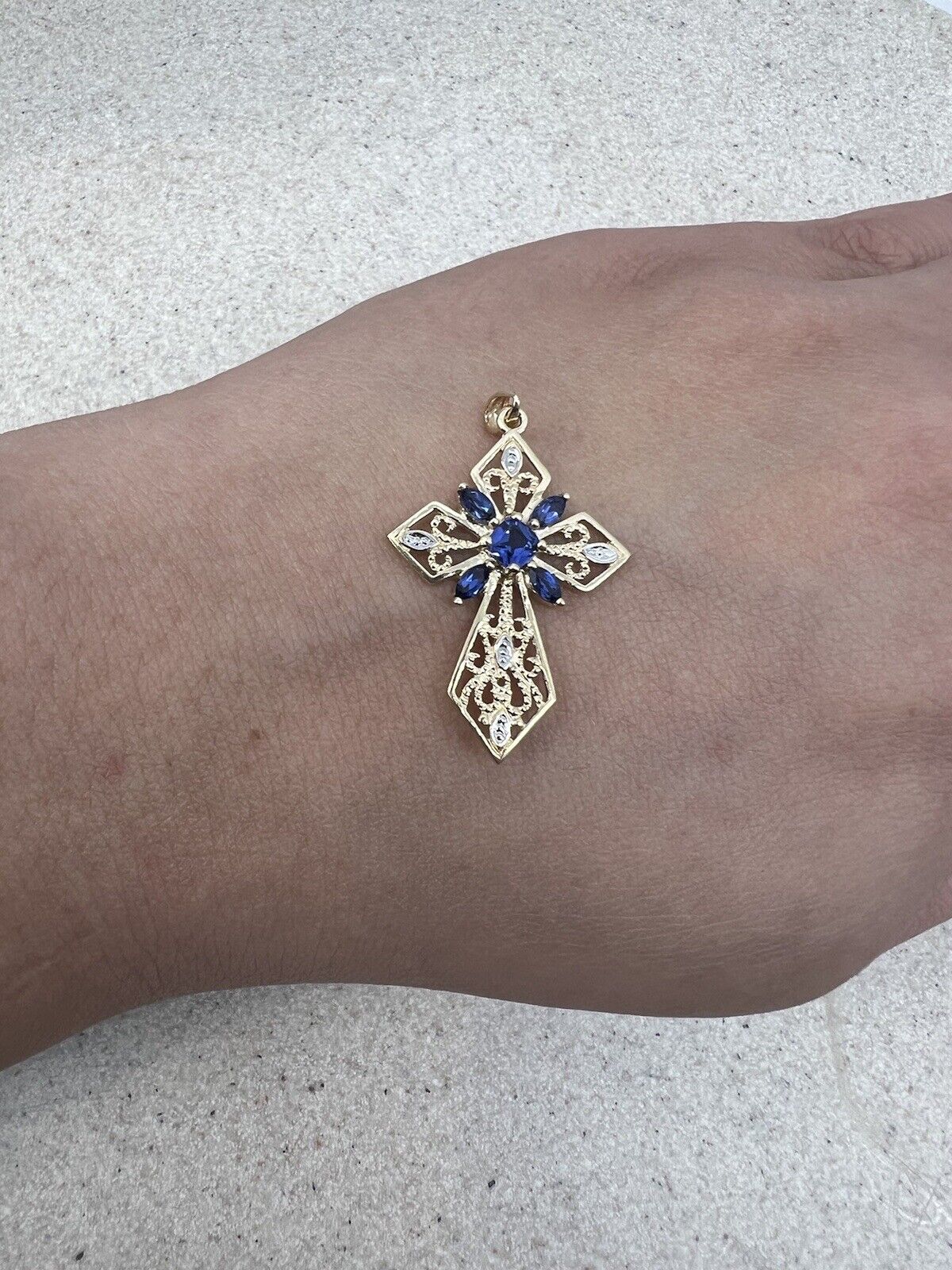 9Ct Two-Tone Gold Simulated Sapphire Filigree Celtic Cross Pendant