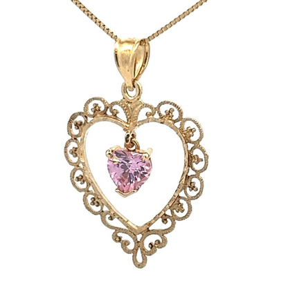 9Ct Yellow Gold Pink CZ Filigree Heart Pendant