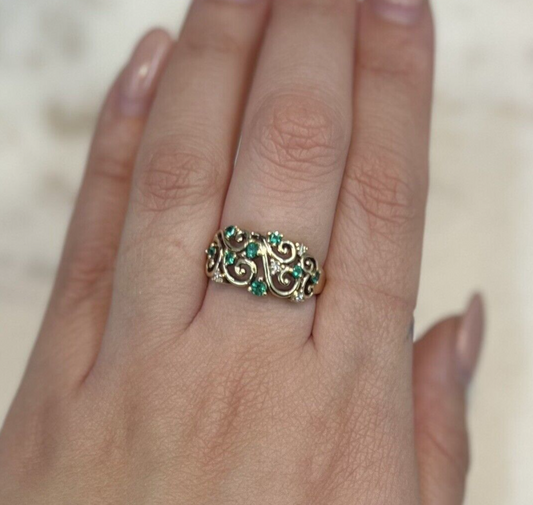 9Ct Yellow Gold Synthetic Emerald and Natural Diamond Vine Ring