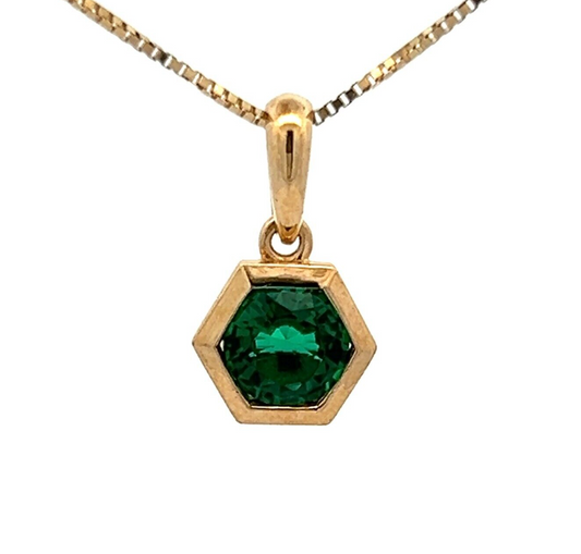 9Ct Yellow Gold Created Emerald Hexagon Bezel Charm Pendant