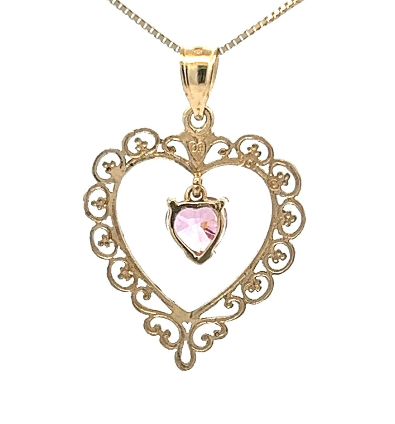 9Ct Yellow Gold Pink CZ Filigree Heart Pendant