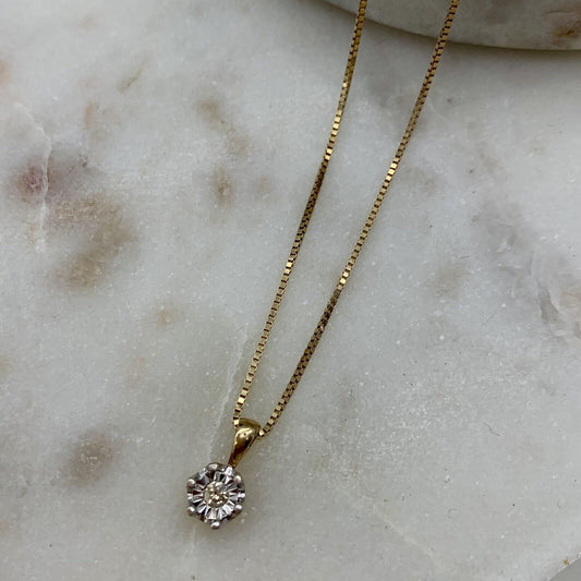 9Ct Yellow Gold Box Link Trace Necklace Chain and 0.04 TW Diamond Pendant Set