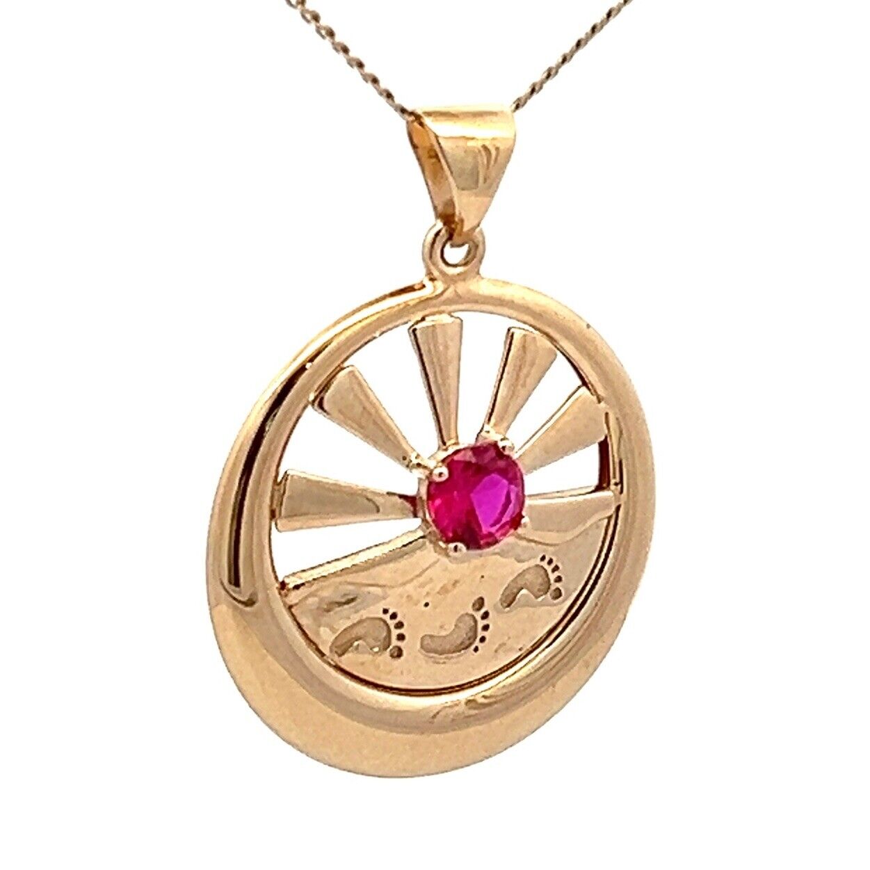 9Ct Yellow Gold Footprints With Verse Simulated Ruby Charm Pendant