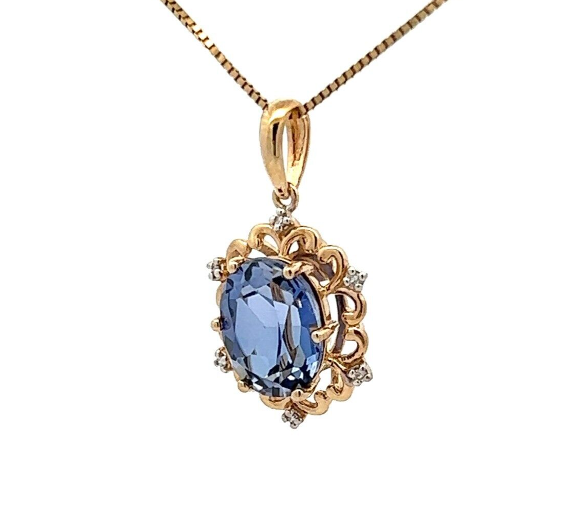 9Ct Yellow Gold Created Ceylon Sapphire and Diamond Pendant